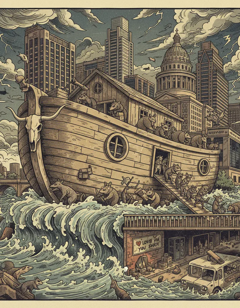 Editorial illustration: AUSTIN WILDLIFE RESCUE BUILDS ARK FOR THE APOCALYPSE (PROBABLY)