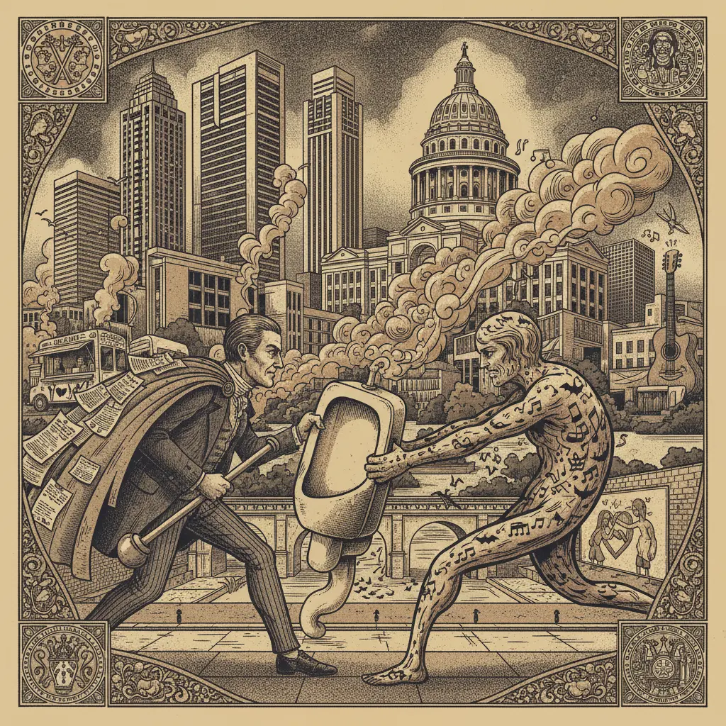 Editorial illustration: PAXTON DECLARES WAR ON… BATHROOMS? THE EPIC STRUGGLE FOR CONTROL OF AUSTIN'S URINALS.