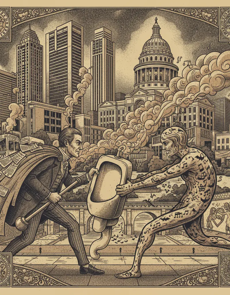 Editorial illustration: PAXTON DECLARES WAR ON… BATHROOMS? THE EPIC STRUGGLE FOR CONTROL OF AUSTIN'S URINALS.