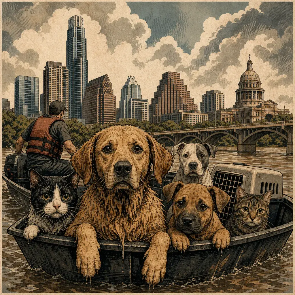 Editorial illustration: WATER DOESN'T CARE ABOUT YOUR HEARTSTRING POSTS — AUSTIN PETS ALIVE TAKES IN 270+ ANIMALS FROM TEXAS FLOODS