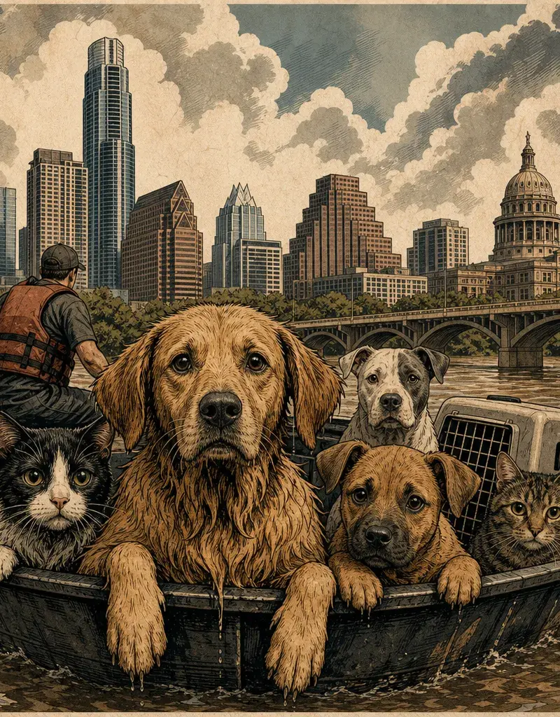 Editorial illustration: WATER DOESN'T CARE ABOUT YOUR HEARTSTRING POSTS — AUSTIN PETS ALIVE TAKES IN 270+ ANIMALS FROM TEXAS FLOODS