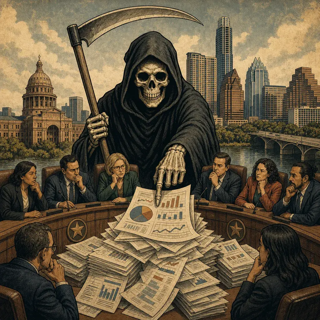 Editorial illustration: AUSTIN CITY COUNCIL ORDERS EFFICIENCY AUDIT: PREPARE FOR DEATH BY METRICS