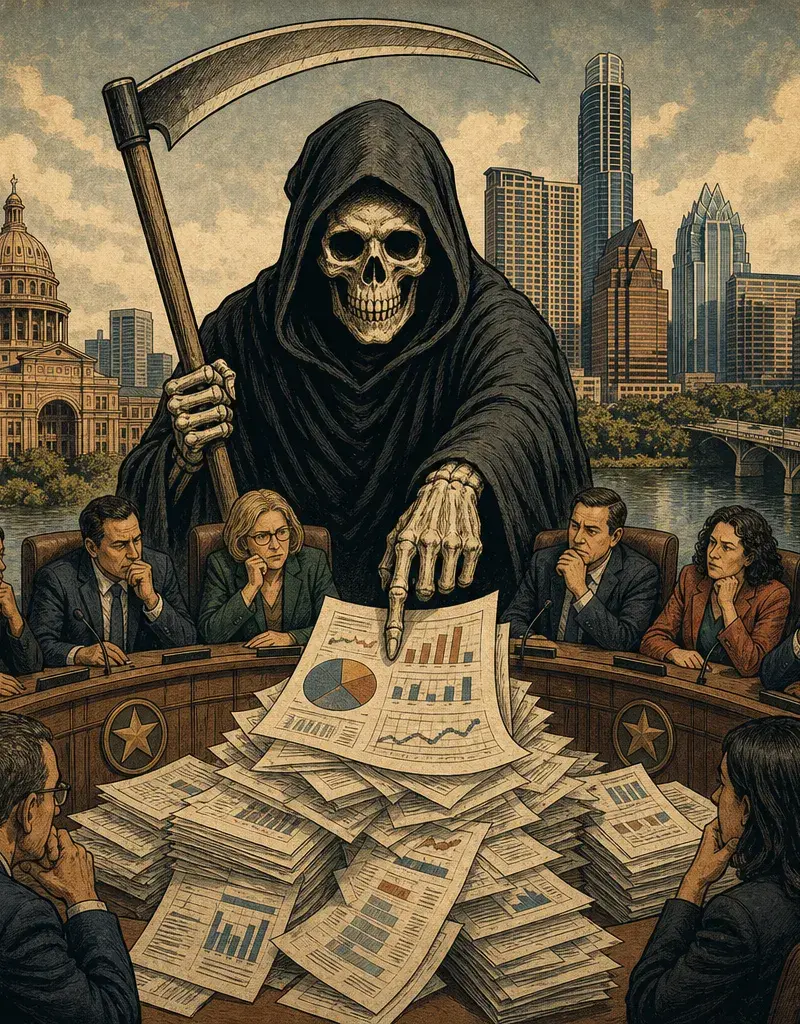Editorial illustration: AUSTIN CITY COUNCIL ORDERS EFFICIENCY AUDIT: PREPARE FOR DEATH BY METRICS