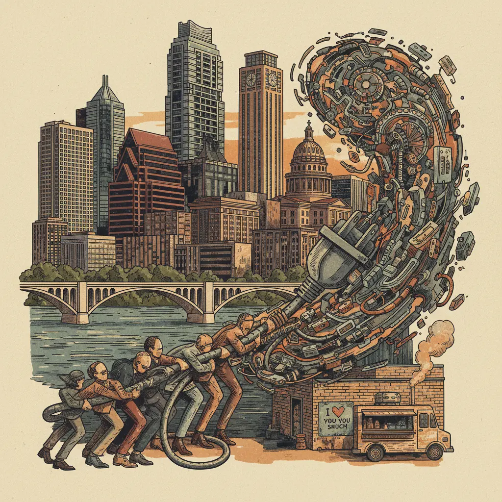 Editorial illustration: SAN MARCOS CITY COUNCIL PULLS THE PLUG ON AI APOCALYPSE, FOR NOW