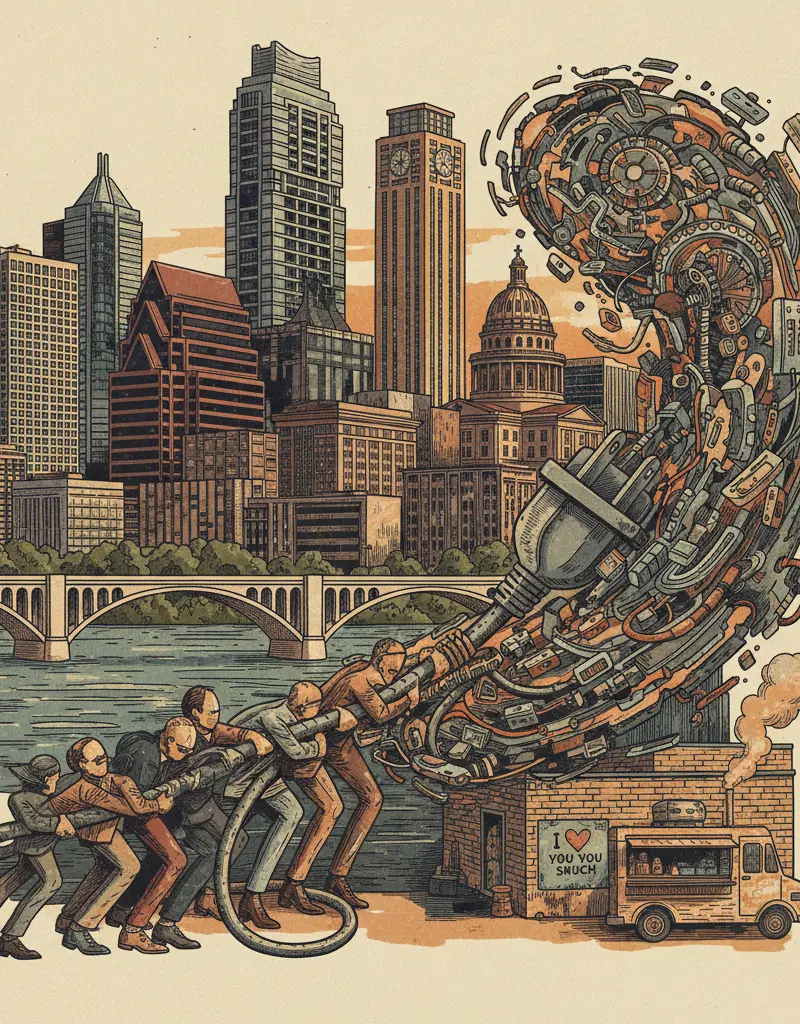 Editorial illustration: SAN MARCOS CITY COUNCIL PULLS THE PLUG ON AI APOCALYPSE, FOR NOW