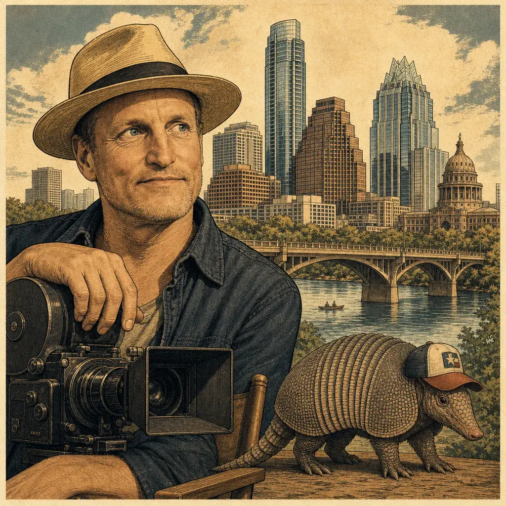 Editorial illustration: NOSTALGIA WANTS TO BE A PRODUCER — WOODY HARRELSON BOOTS UP A FEATURE ON THE ARMADILLO WORLD HEADQUARTERS