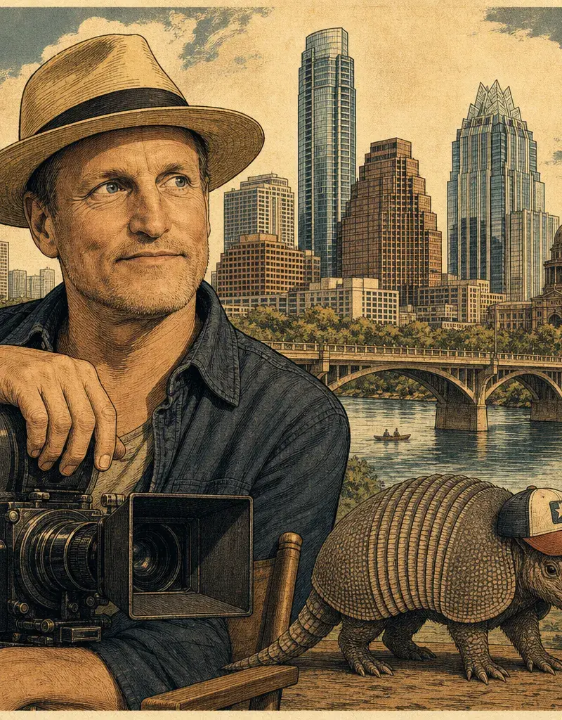Editorial illustration: NOSTALGIA WANTS TO BE A PRODUCER — WOODY HARRELSON BOOTS UP A FEATURE ON THE ARMADILLO WORLD HEADQUARTERS