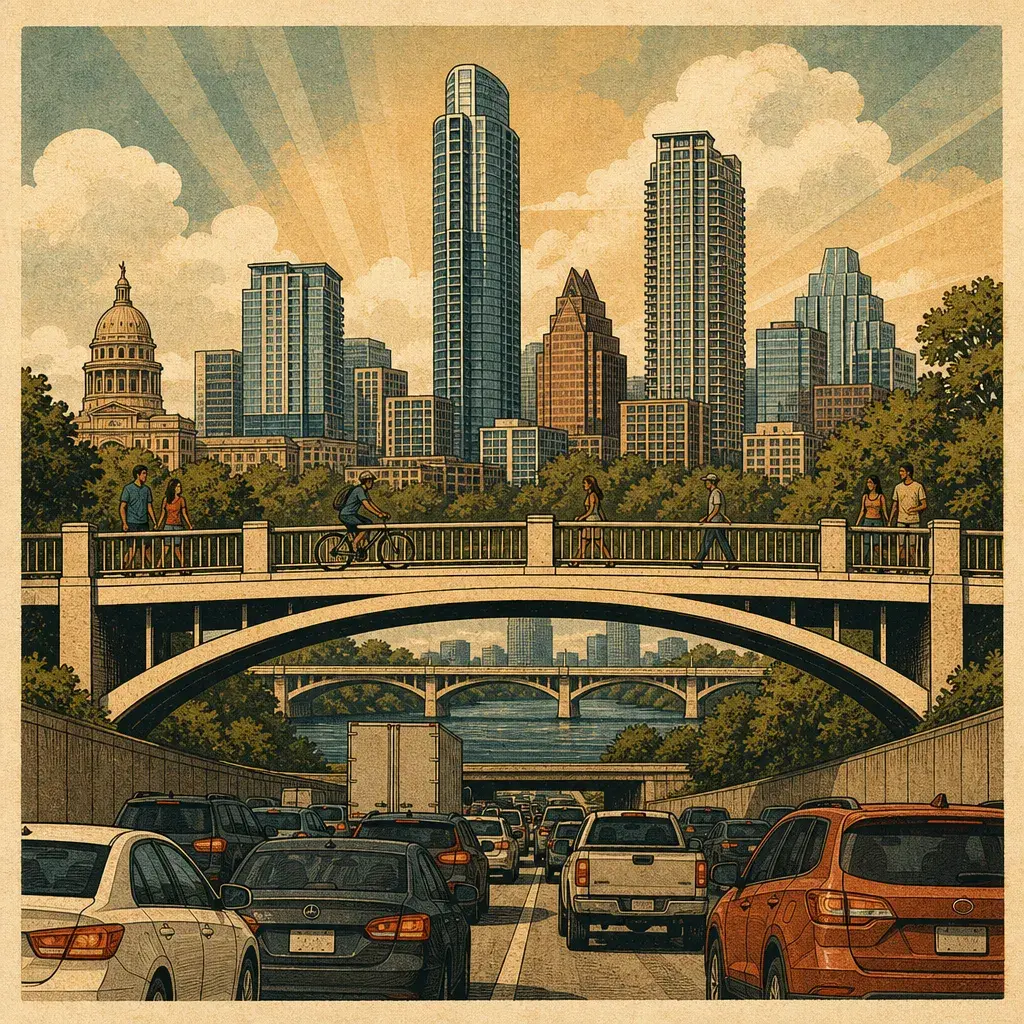 Editorial illustration: THE BRIDGE IS BACK, YOU'RE STILL STUCK: MLK BOULEVARD BRIDGE OVER I-35 REOPENS AFTER TWO YEARS