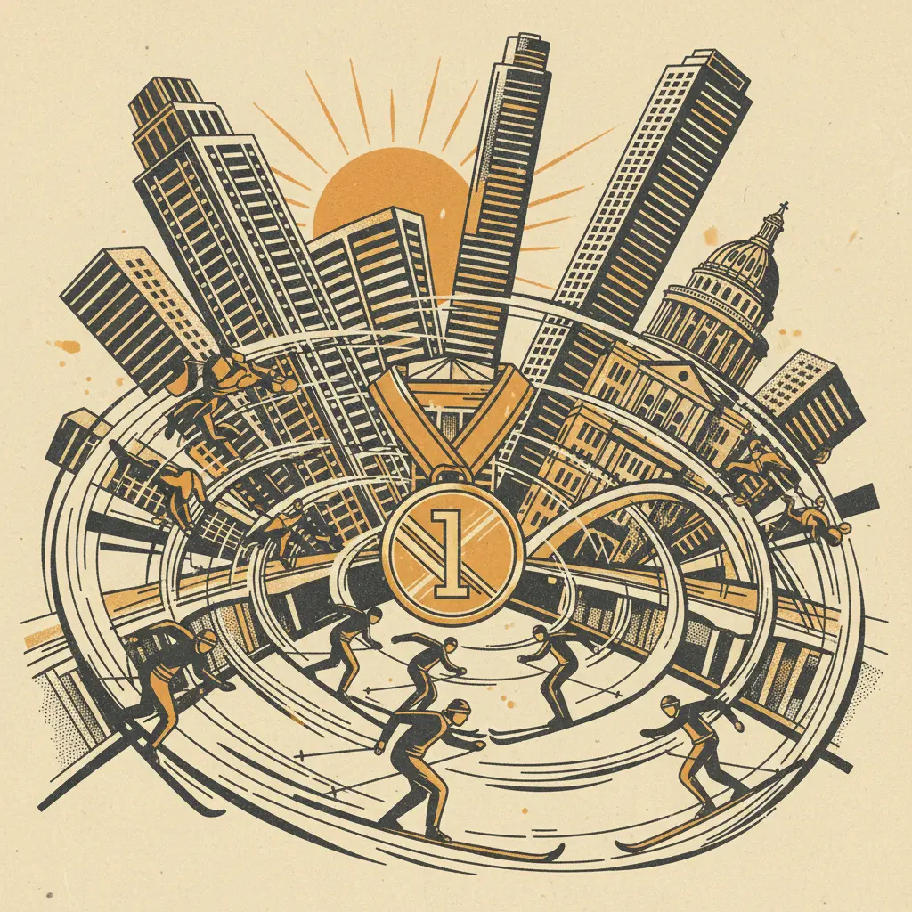 Editorial illustration: HUMANS SKI IN CIRCLES FOR GOLD