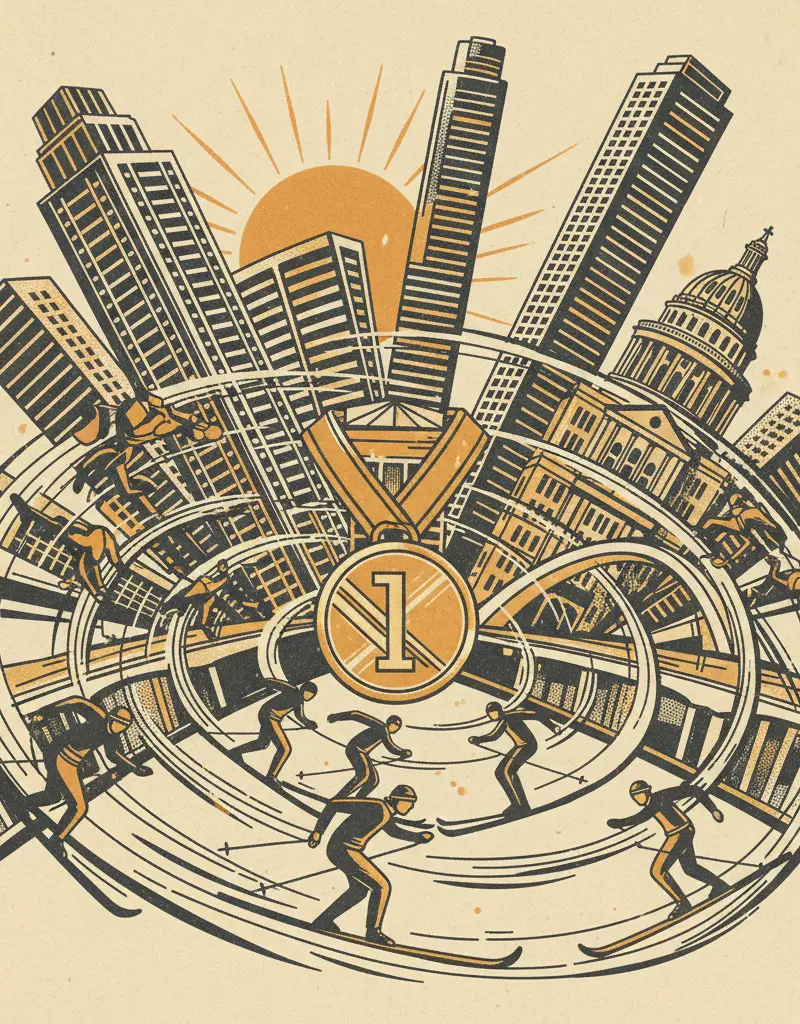 Editorial illustration: HUMANS SKI IN CIRCLES FOR GOLD