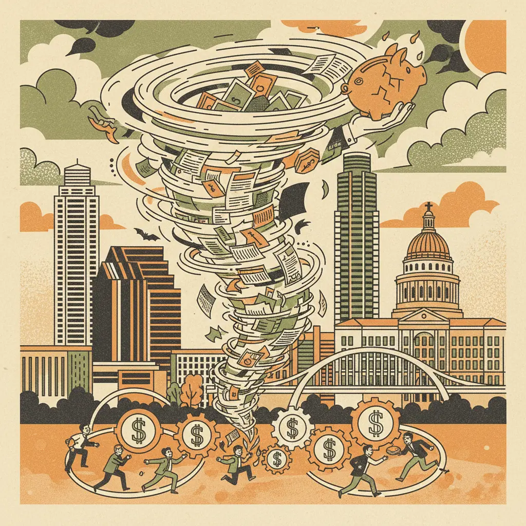 Editorial illustration: AUSTIN'S BUDGET: SAME MADNESS, DIFFERENT DAY