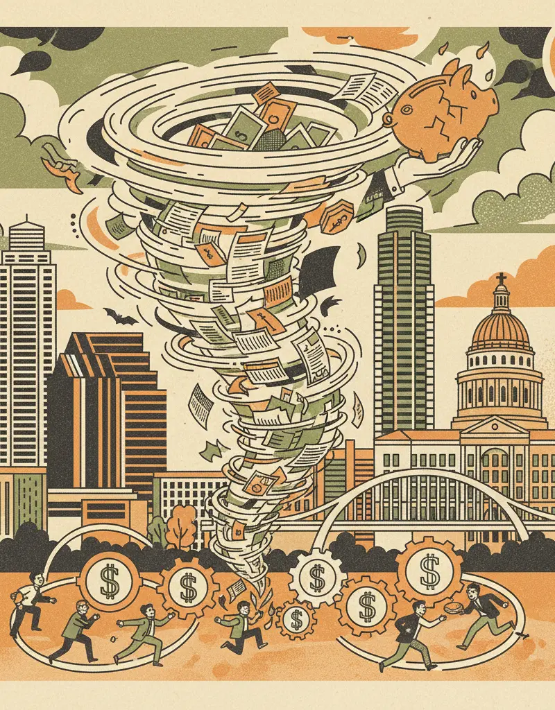 Editorial illustration: AUSTIN'S BUDGET: SAME MADNESS, DIFFERENT DAY