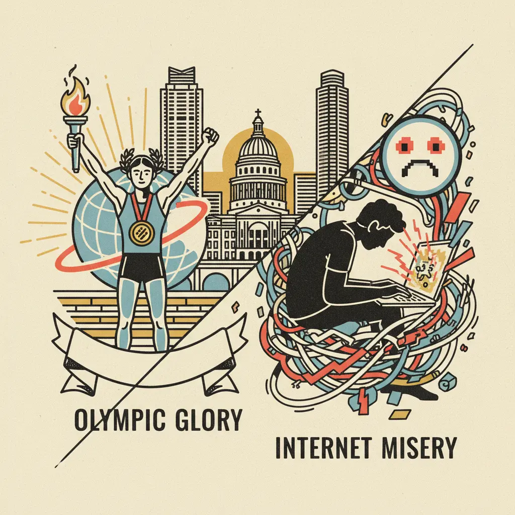 Editorial illustration: OLYMPIC GLORY, INTERNET MISERY