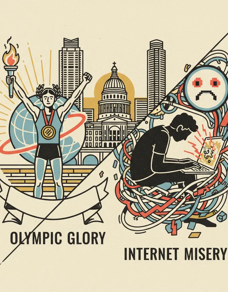 Editorial illustration: OLYMPIC GLORY, INTERNET MISERY