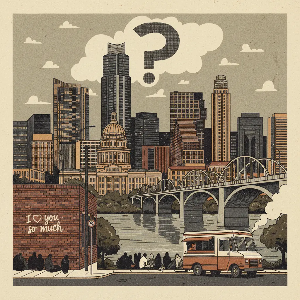 Editorial illustration: AUSTIN CITY COUNCIL TO TACKLE HOMELESSNESS, PROBABLY WILL SOLVE IT, MAYBE