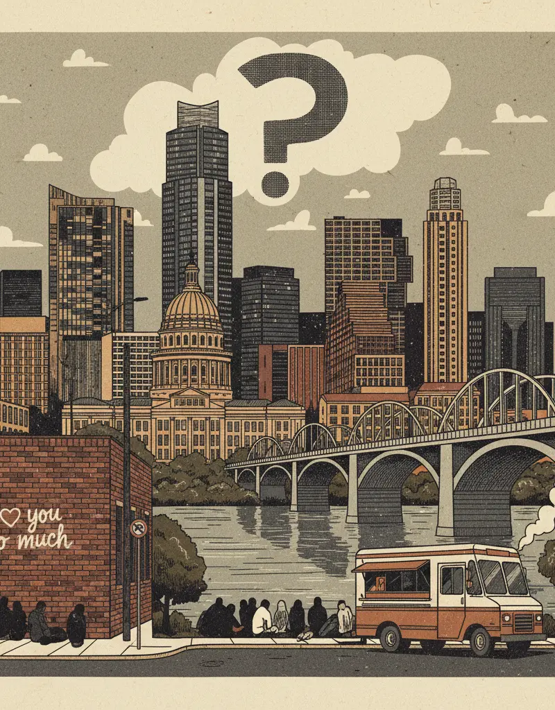 Editorial illustration: AUSTIN CITY COUNCIL TO TACKLE HOMELESSNESS, PROBABLY WILL SOLVE IT, MAYBE