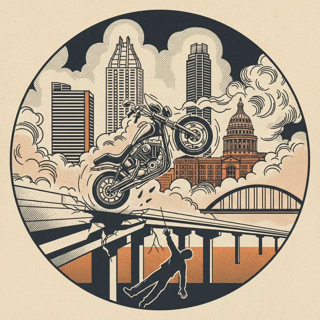 Editorial illustration: CHASE ENDS IN TRAGEDY: MOTORCYCLE, HIGHWAY, HUMANITY
