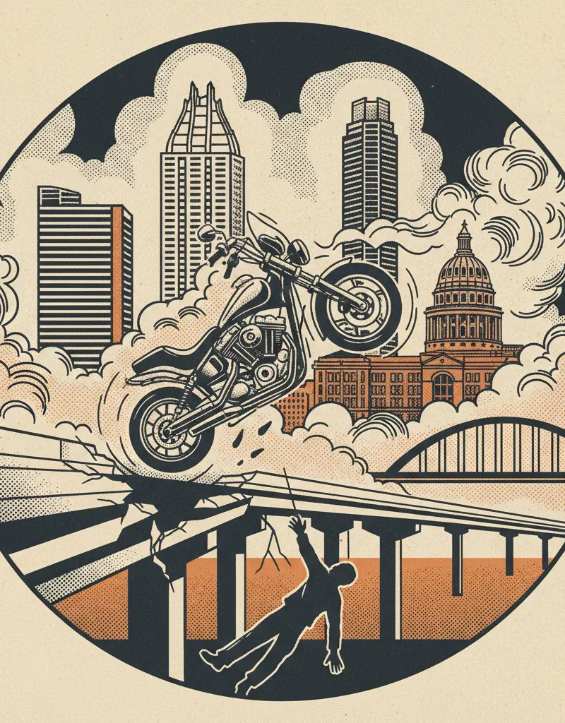 Editorial illustration: CHASE ENDS IN TRAGEDY: MOTORCYCLE, HIGHWAY, HUMANITY