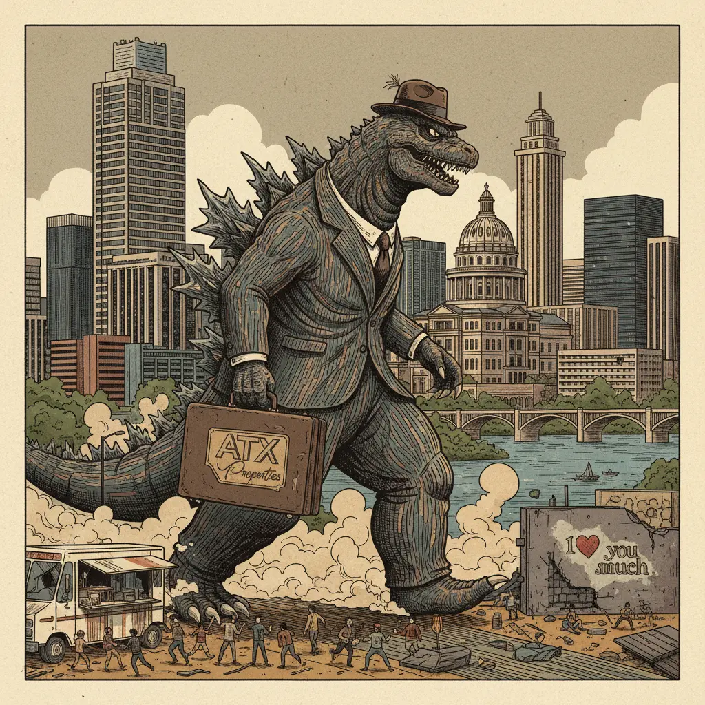 Editorial illustration: GODZILLA TO GENTRIFY AUSTIN: A REAL ESTATE MARKET ANALYSIS