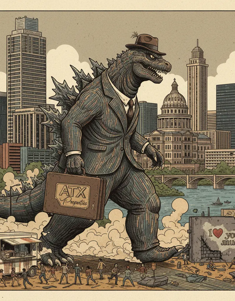 Editorial illustration: GODZILLA TO GENTRIFY AUSTIN: A REAL ESTATE MARKET ANALYSIS