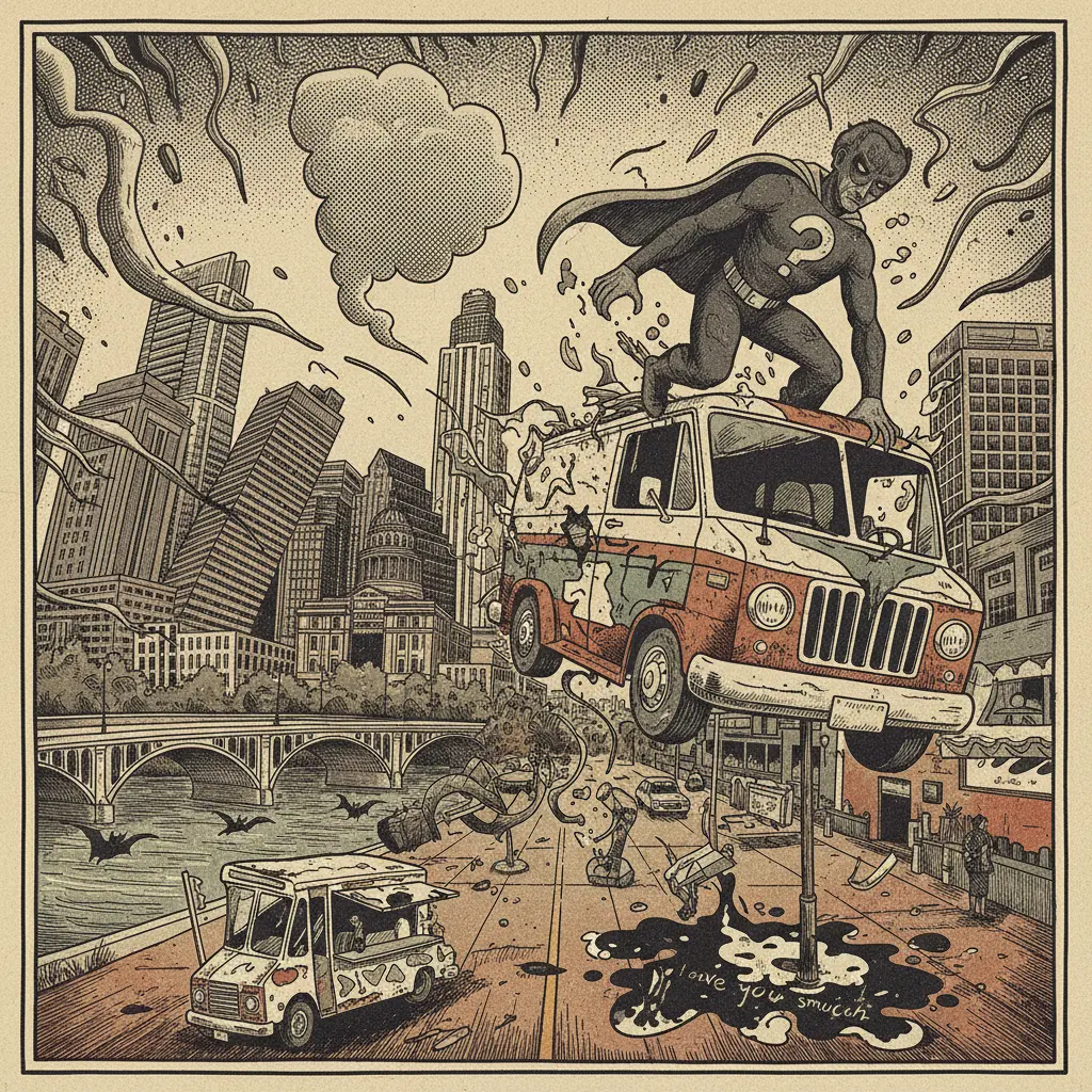 Editorial illustration: PEELANDER-Z'S STOLEN VAN: A SYMPTOM OF AUSTIN'S ONGOING IDENTITY CRISIS