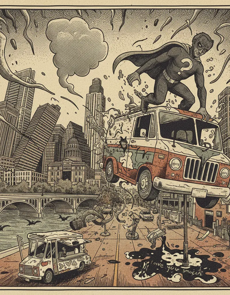 Editorial illustration: PEELANDER-Z'S STOLEN VAN: A SYMPTOM OF AUSTIN'S ONGOING IDENTITY CRISIS