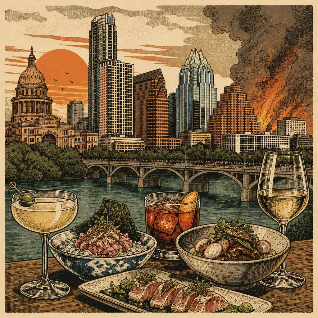 Editorial illustration: CHEAP JOY WHILE THE WORLD BURNS: BEST HAPPY HOURS IN AUSTIN — LORO, UCHI, JEFFREY'S, ESTE
