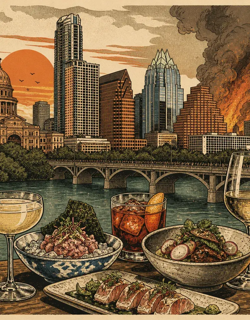 Editorial illustration: CHEAP JOY WHILE THE WORLD BURNS: BEST HAPPY HOURS IN AUSTIN — LORO, UCHI, JEFFREY'S, ESTE