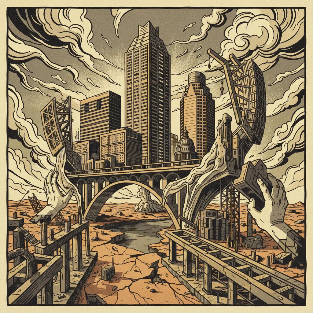 Editorial illustration: AUSTIN IS TRYING TO BUILD ITS WAY OUT OF THE APOCALYPSE