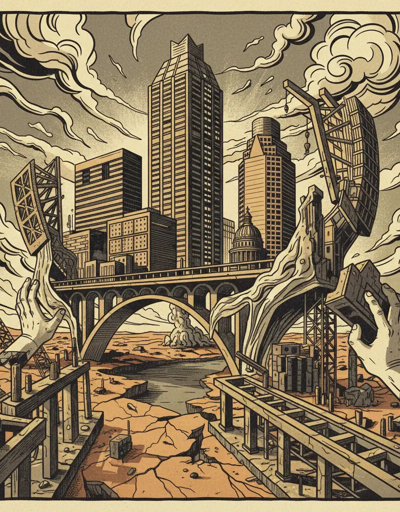 Editorial illustration: AUSTIN IS TRYING TO BUILD ITS WAY OUT OF THE APOCALYPSE