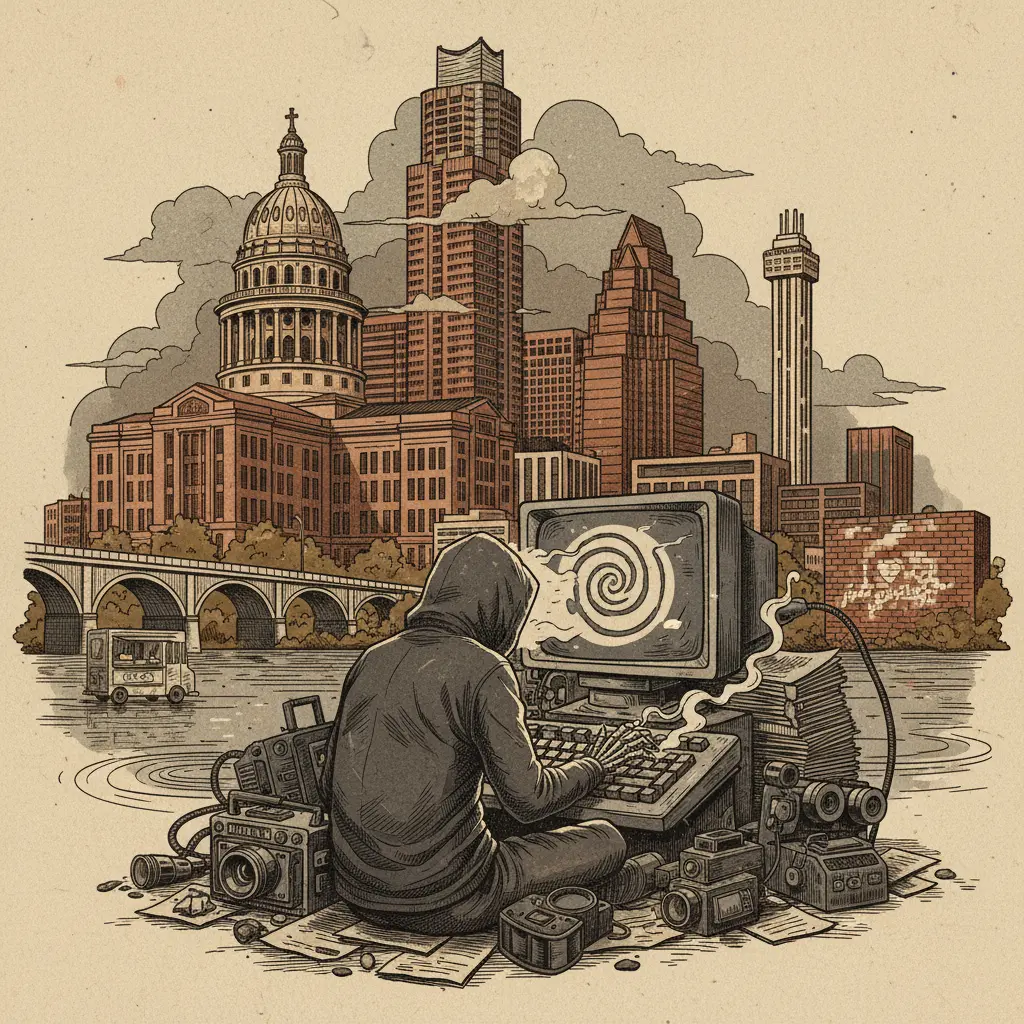 Editorial illustration: THE LAST DOCUMENTARIAN WHO GAVE A DAMN HAS LOGGED OFF