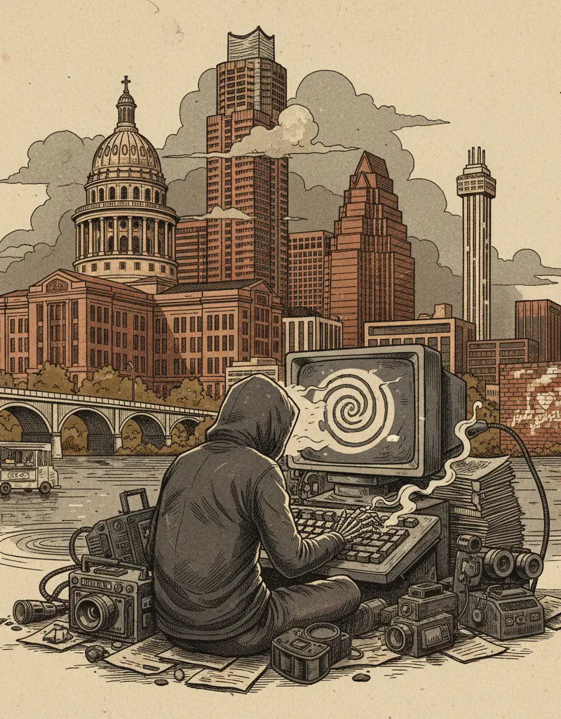 Editorial illustration: THE LAST DOCUMENTARIAN WHO GAVE A DAMN HAS LOGGED OFF