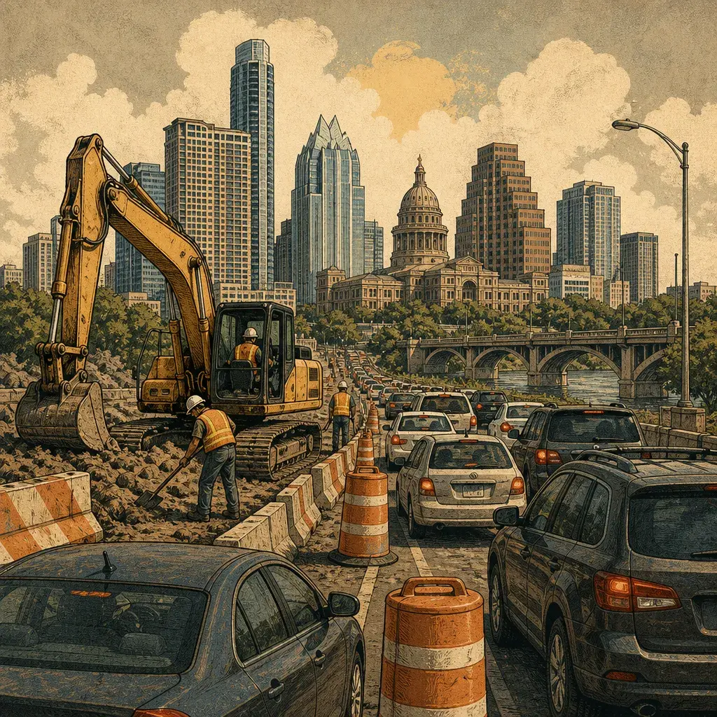 Editorial illustration: CONSTRUCTION LOVES A GOOD GRIDLOCK · CONGRESS AVE UPGRADE HITS TRAFFIC BETWEEN SECOND AND THIRD STREETS
