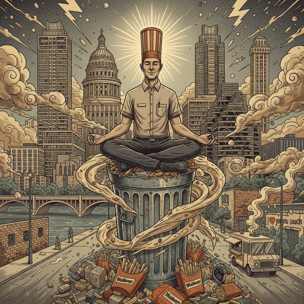 Editorial illustration: TEXAS WHATABURGER MANAGER TRANSCENDS CORPORATE TRAINING, ACHIEVES NIRVANA VIA TRASH CAN