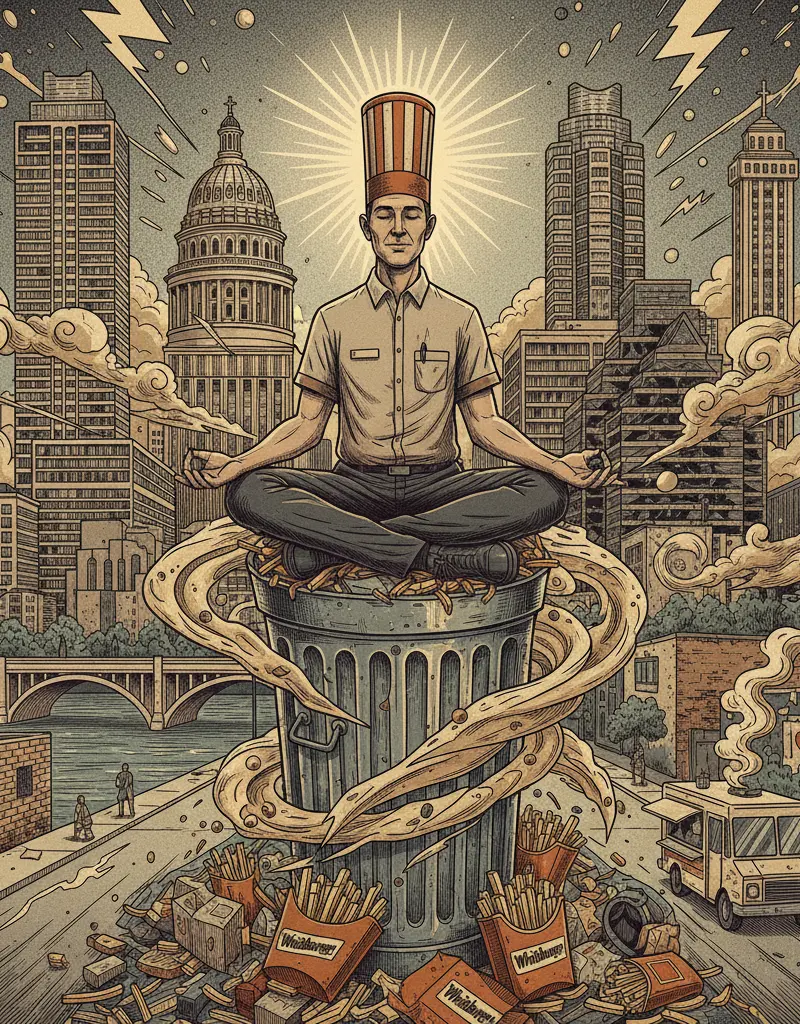 Editorial illustration: TEXAS WHATABURGER MANAGER TRANSCENDS CORPORATE TRAINING, ACHIEVES NIRVANA VIA TRASH CAN