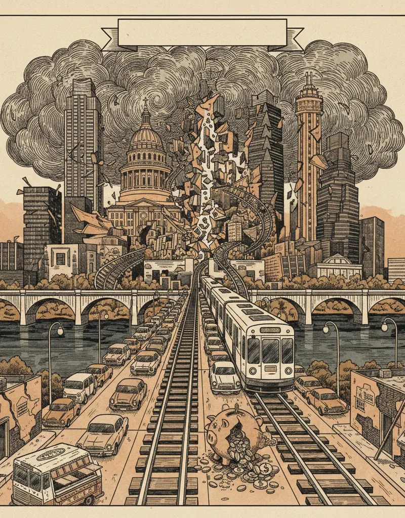 Editorial illustration: ATP CHOOSES CONTRACTOR FOR LIGHT RAIL: GET READY FOR 7.1 BILLION DOLLARS OF GRIDLOCK