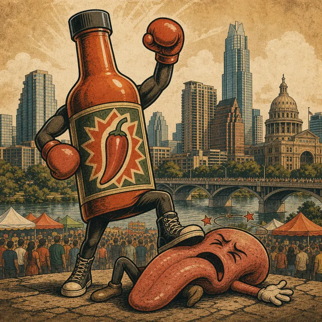 Editorial illustration: BRING YOUR TONGUE'S WILL TO ITS KNEES: AUSTIN CHRONICLE HOT SAUCE FESTIVAL MOVES TO RADIO/EAST AUG. 30