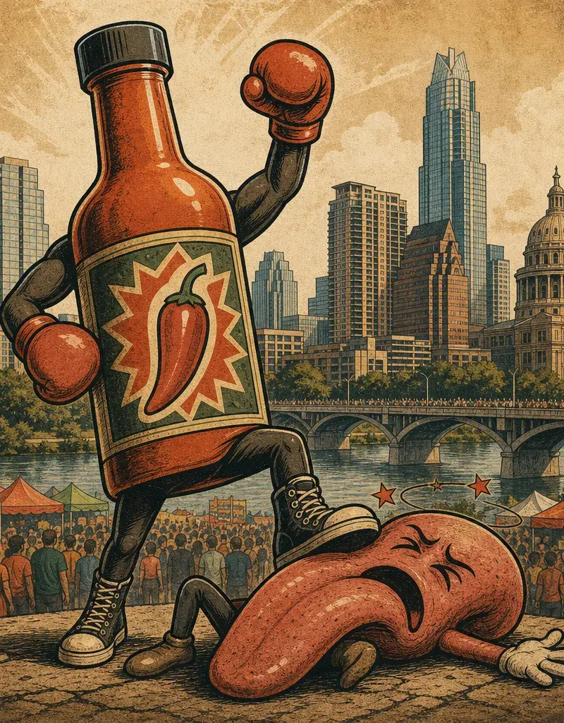 Editorial illustration: BRING YOUR TONGUE'S WILL TO ITS KNEES: AUSTIN CHRONICLE HOT SAUCE FESTIVAL MOVES TO RADIO/EAST AUG. 30