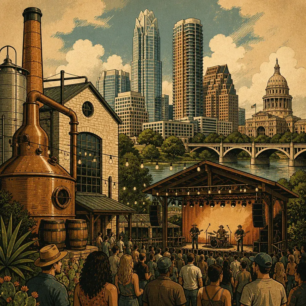 Editorial illustration: THE DISTILLERY GOT A STAGE — STILL AUSTIN QUARTER DEBUTS IN SEPTEMBER 2026