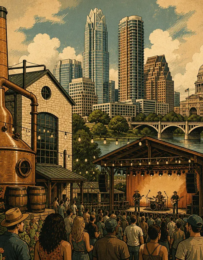 Editorial illustration: THE DISTILLERY GOT A STAGE — STILL AUSTIN QUARTER DEBUTS IN SEPTEMBER 2026