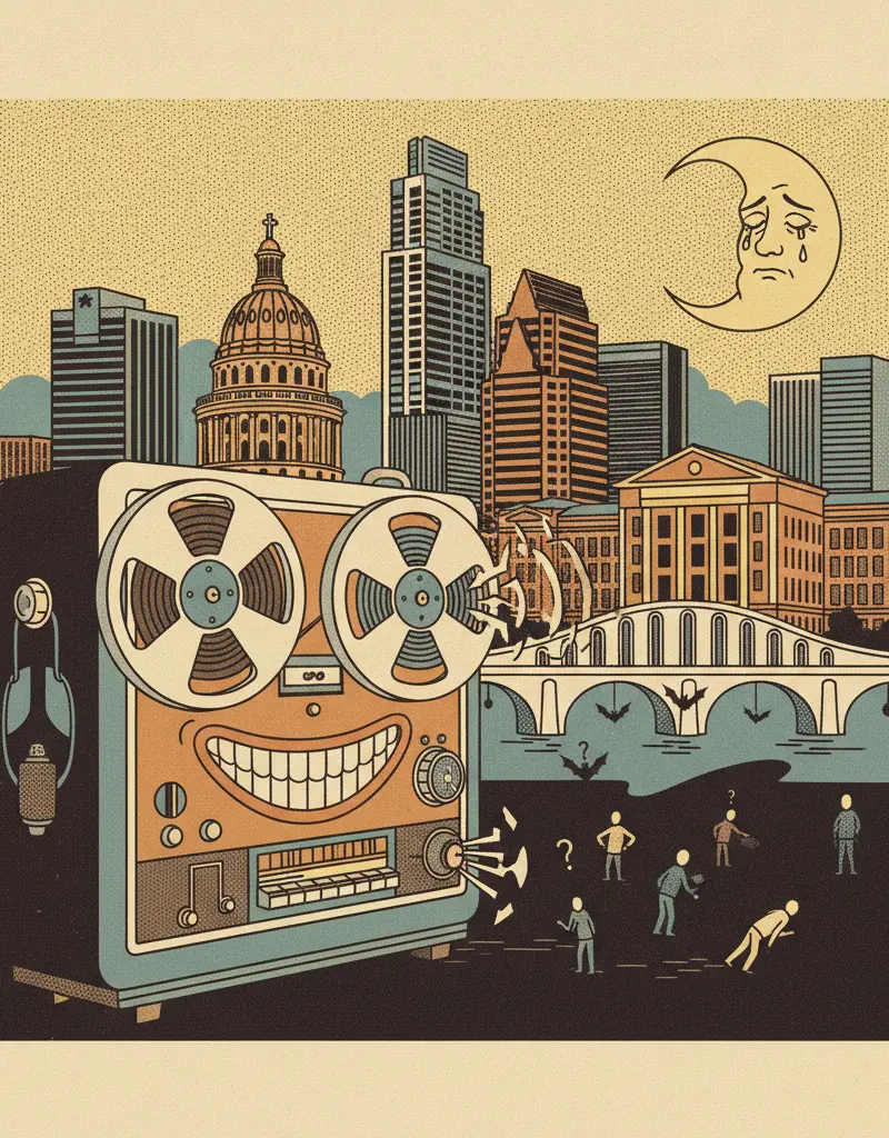 Editorial illustration: LAUGH TRACKS AND EXISTENTIAL DREAD