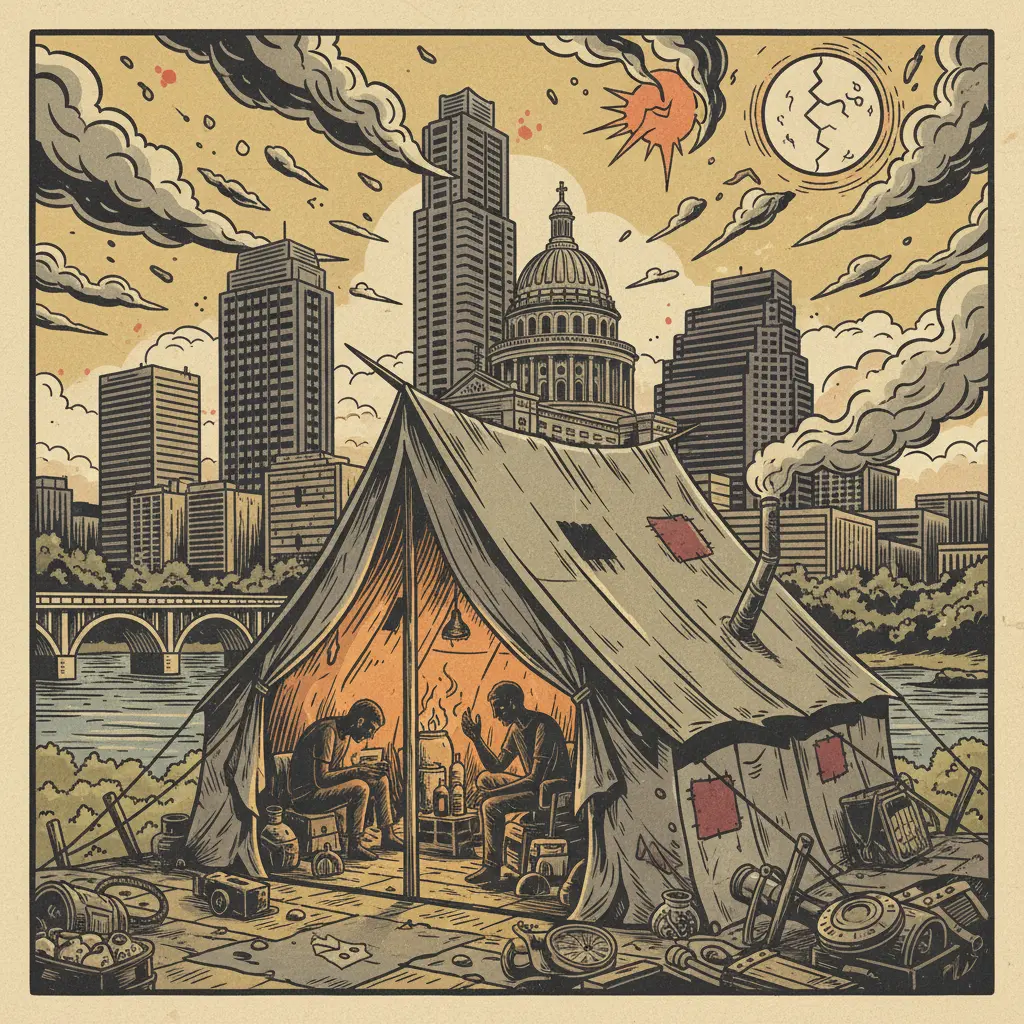 Editorial illustration: THE END TIMES ARE BEING HOUSED IN A TENT
