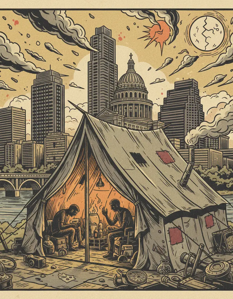 Editorial illustration: THE END TIMES ARE BEING HOUSED IN A TENT