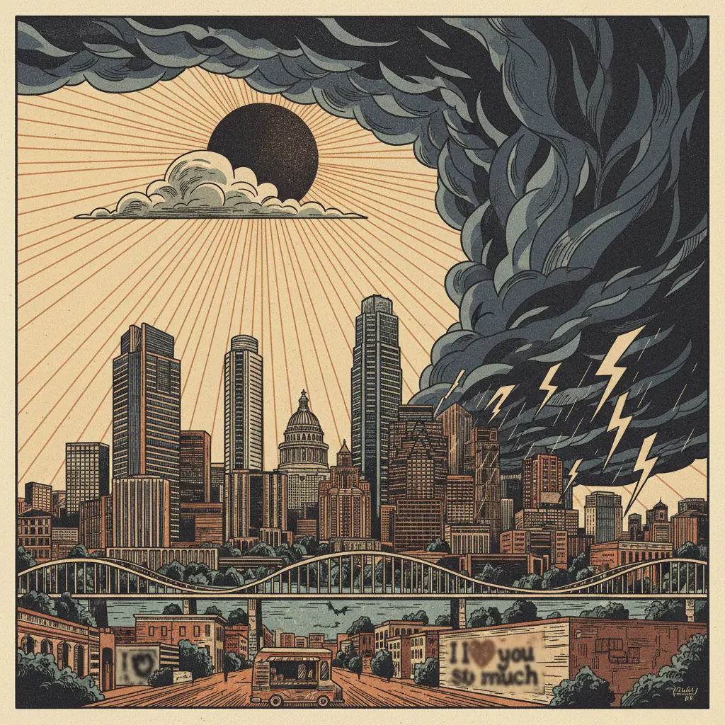 Editorial illustration: AUSTIN WEATHER FORECAST: ONE LAST DAY OF SUNSHINE BEFORE THE SKY FALLS