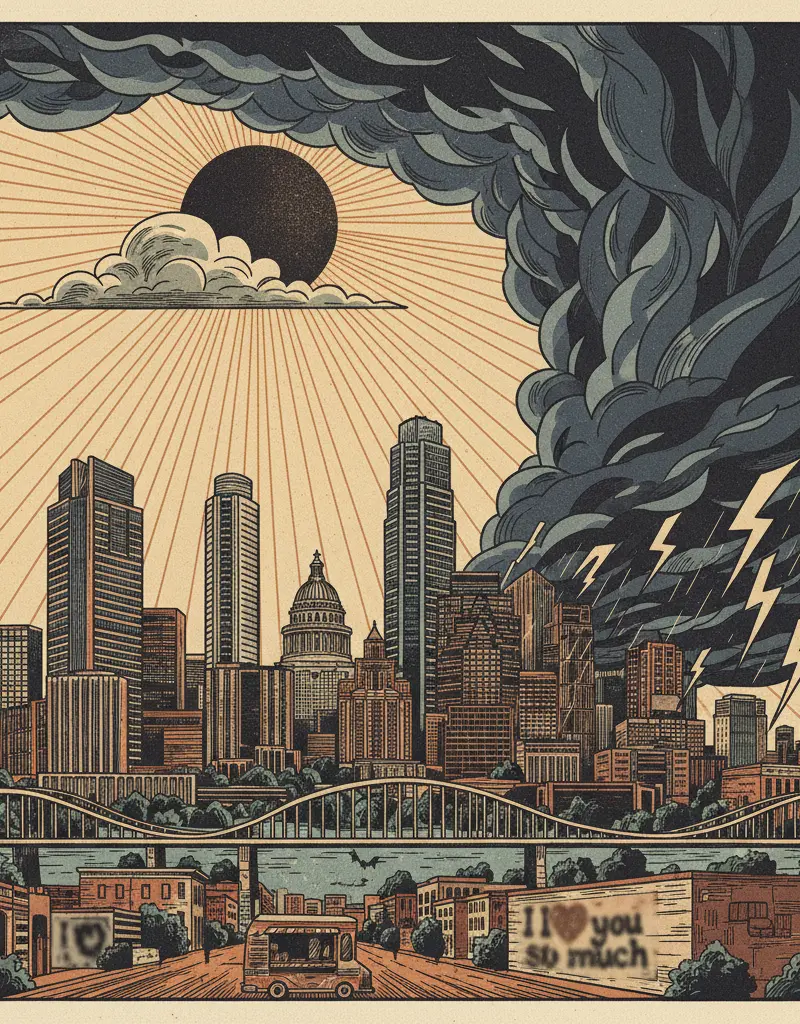 Editorial illustration: AUSTIN WEATHER FORECAST: ONE LAST DAY OF SUNSHINE BEFORE THE SKY FALLS