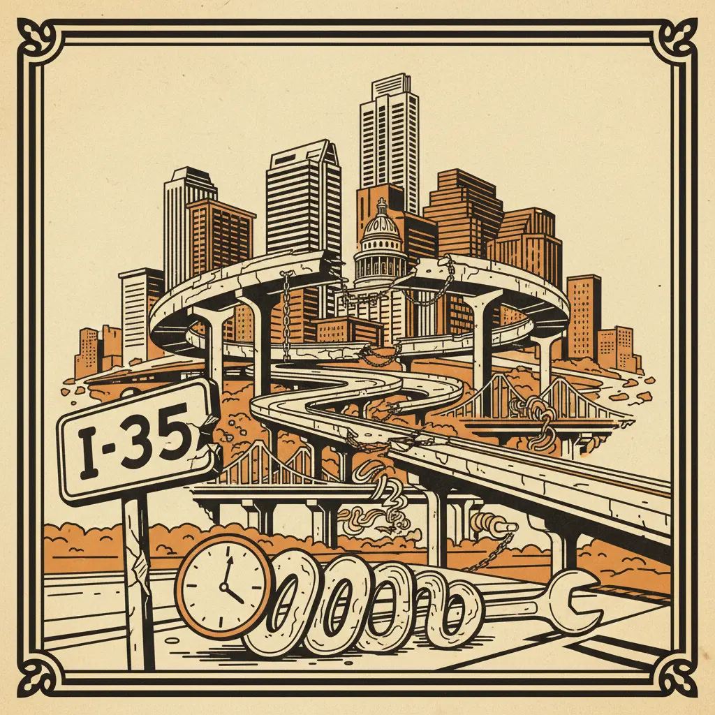 Editorial illustration: I-35: THE ROAD TO NOWHERE, DELAYED A WEEK