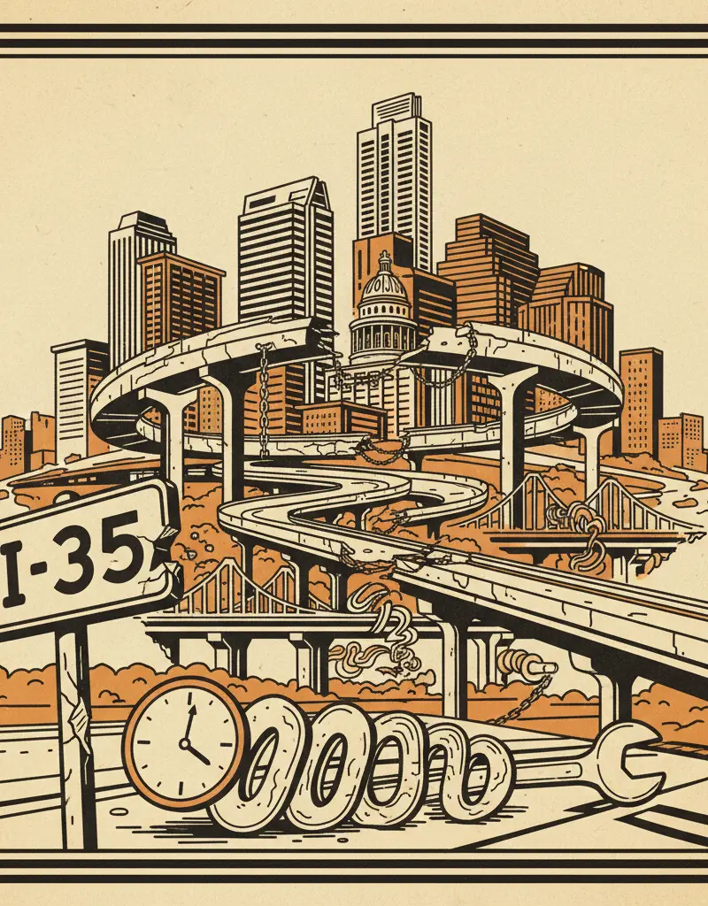 Editorial illustration: I-35: THE ROAD TO NOWHERE, DELAYED A WEEK