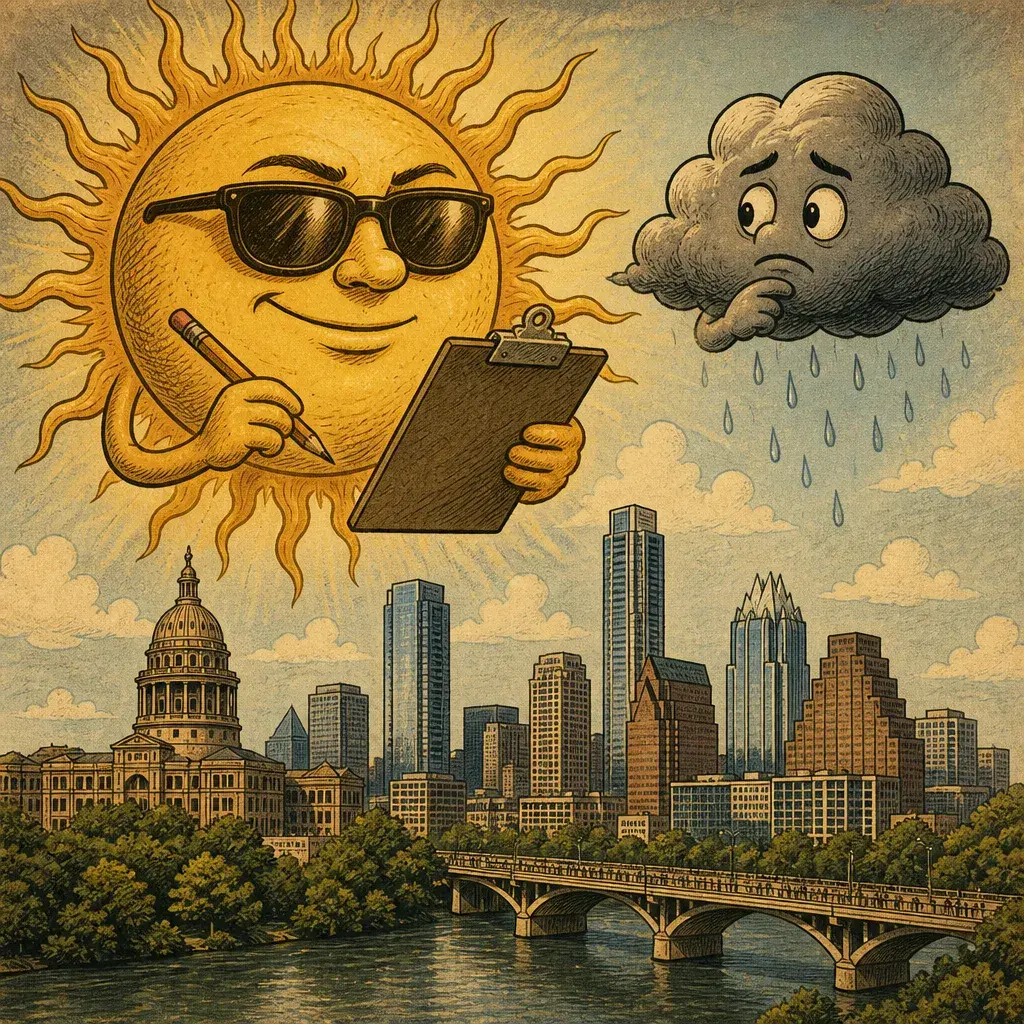 Editorial illustration: THE SUN IS DOING ITS PERFORMANCE REVIEW; MAYBE A SPOTTY SHOWER WILL RSVP — HOTTEST POINT OF THE YEAR TODAY, KXAN
