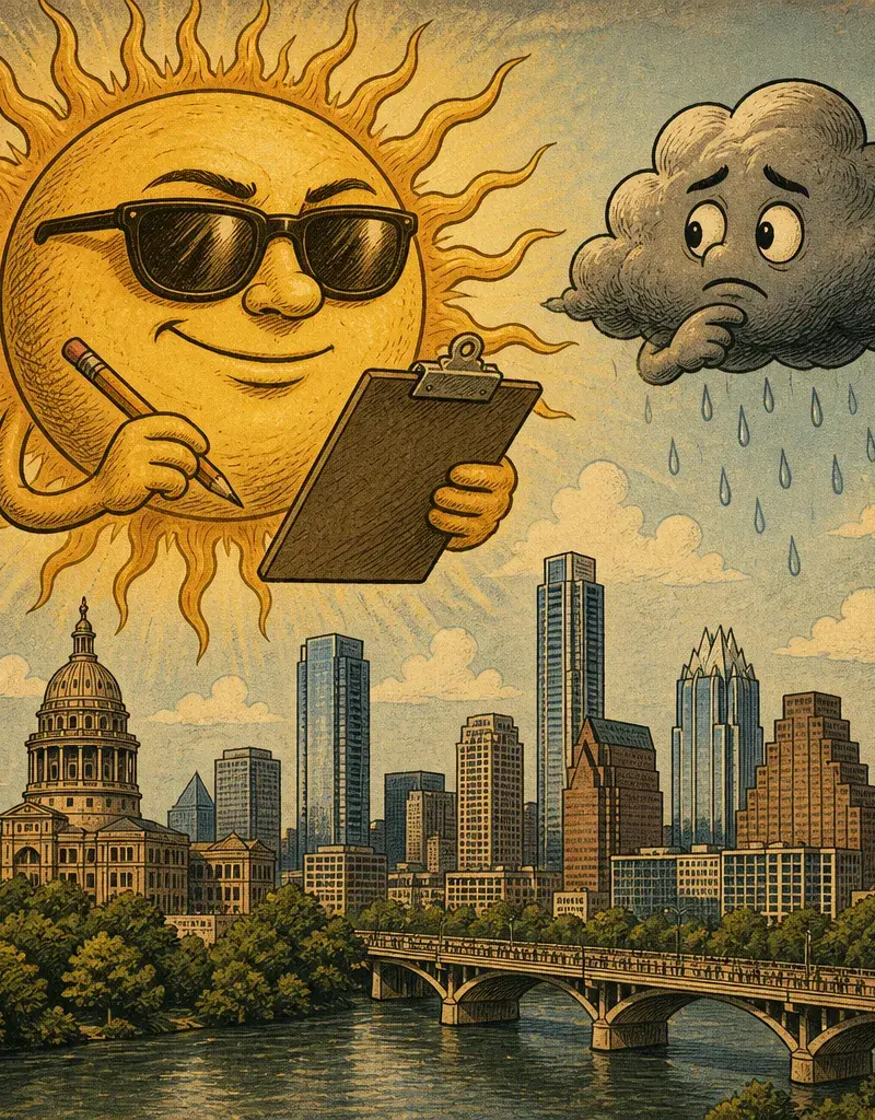 Editorial illustration: THE SUN IS DOING ITS PERFORMANCE REVIEW; MAYBE A SPOTTY SHOWER WILL RSVP — HOTTEST POINT OF THE YEAR TODAY, KXAN