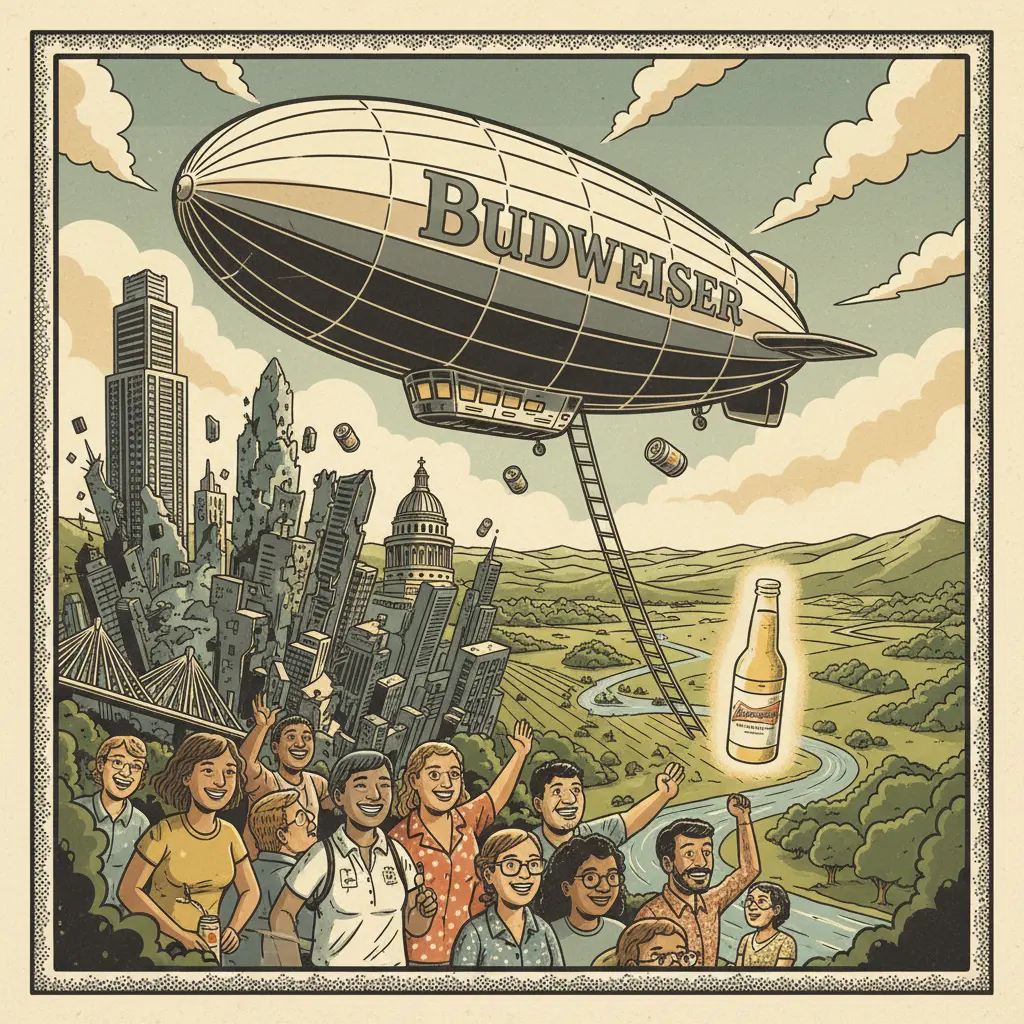 Editorial illustration: BUDWEISER OFFERS ESCAPISM FROM DYSTOPIA